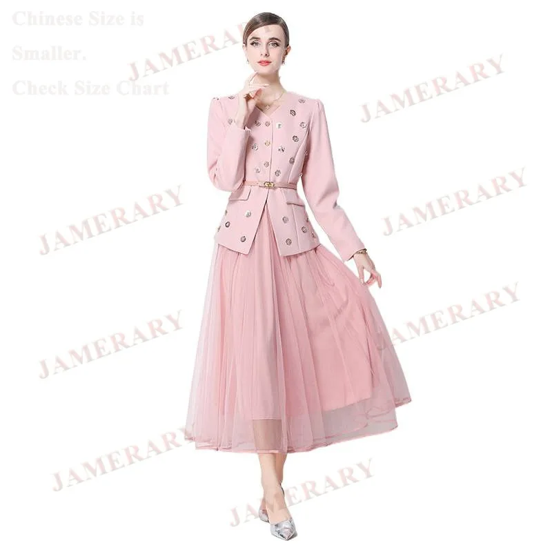 Runway Autumn Two Piece Set Women Long Dresses Sequin Blazer Suit Coat A Line Tulle Long Skirts Suit 2pcs Outfit Winter Clothing