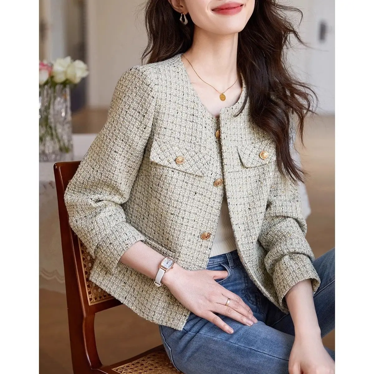 

French Small Fragrant Women Cropped Tweed Jacket O-neck Single-breasted Long Sleeves Slim Tweed Coat Korean Outerwear Vintage