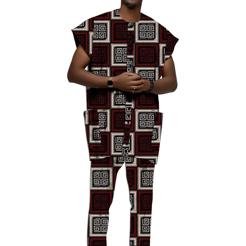 Original Design African Clothes Men\'s Set Jerkin Tops With Pant Nigerian Fashion Wax Print Custom Size Wedding Party Wear