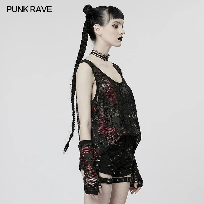 PUNK RAVE Canotta da donna punk a doppio strato in rete con motivo teschio, personalità, dito indipendente, senza maniche, magliette casual estive