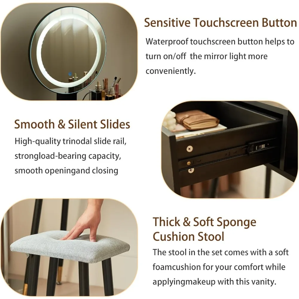 penteadeira de maquiagem iluminada com luzes ajustáveis de 3 cores e tomada de energia integrada