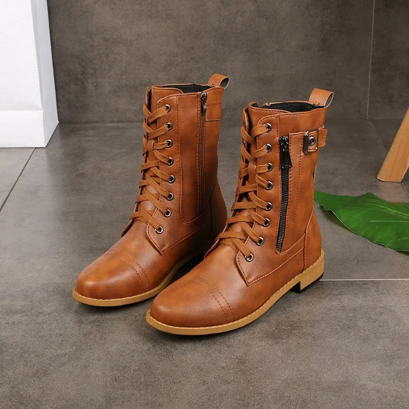 

Women's Mid Calf Boots High Quality Casual Leather Boots Fashion Motorcycle Boot Ankle Boots for Women Platform Boot Botas Mujer