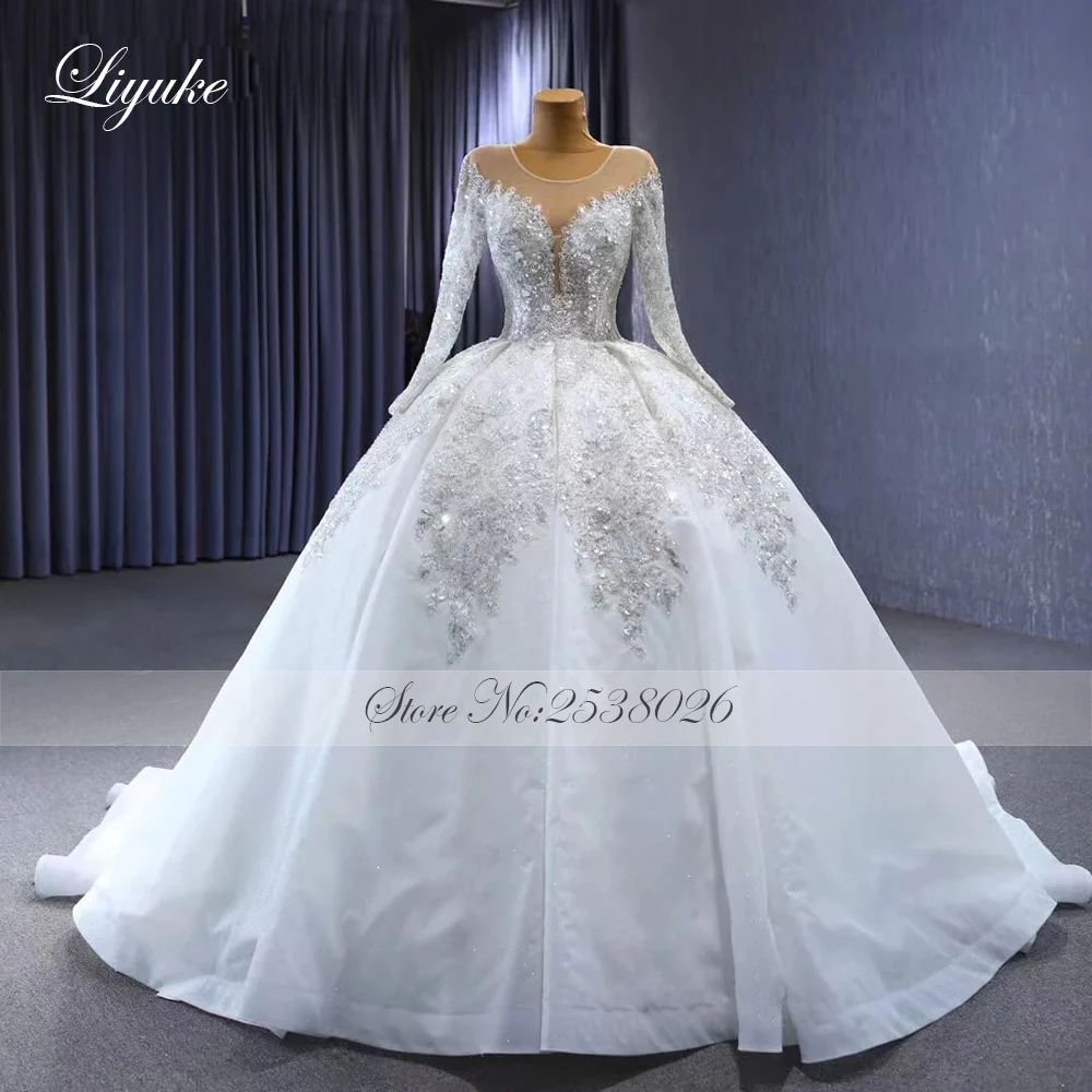 Liyuke Luxury Bling Beaded Pearls Ball Gown Wedding Dresses Embroidery Lace Full Sleeve O-Neck Bridal Gown