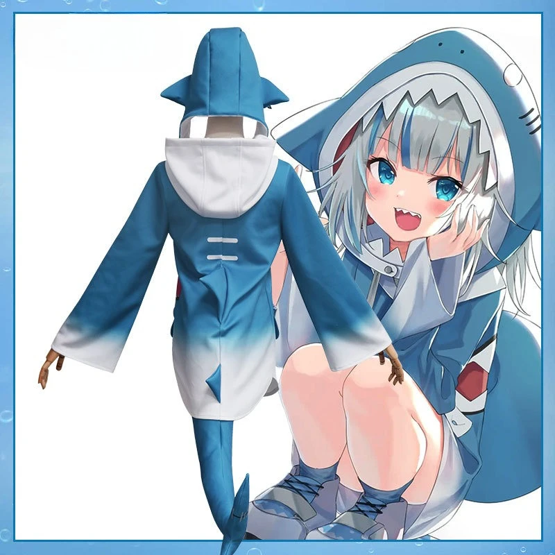 ANIMECC في المخزون Gawr Gura Shark أزياء تنكرية Hololive Vtubers شعر مستعار تأثيري قبعة الذيل مجموعات كاملة ملابس الهالوين للنساء