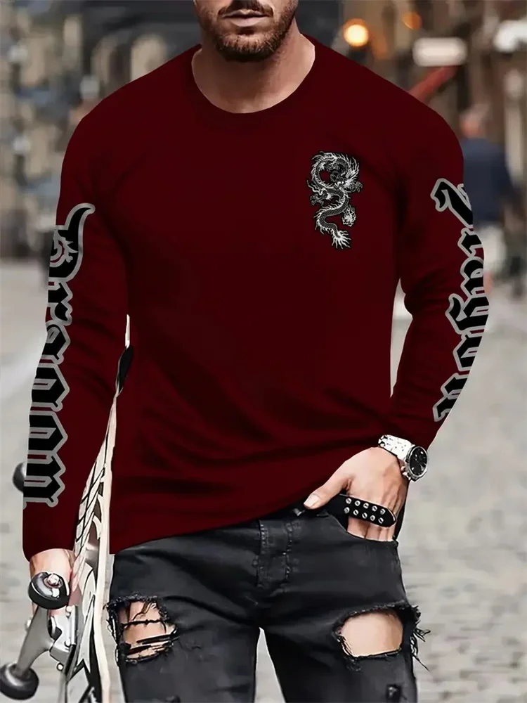 シンプルな龍柄プリントの秋ファッション、クルーネックメンズ長 - Street Fashion In China のレビューと価格