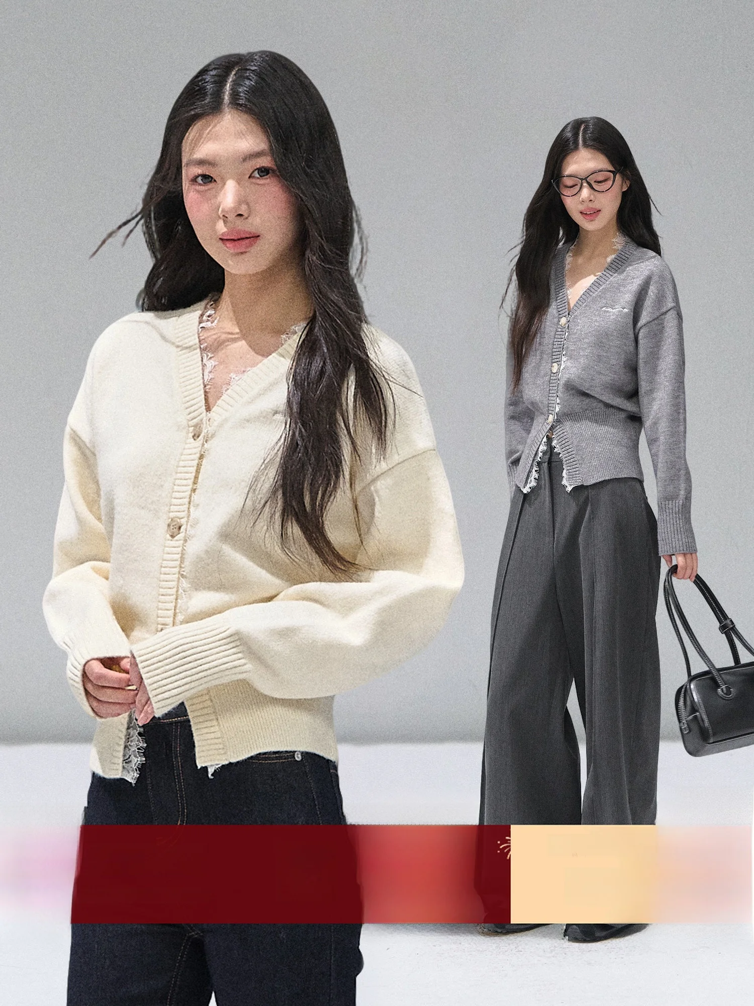 

Женский свитер RECOIN RC с кружевными вставками и V-образным вырезом, приталенный, повседневный, вязаный, с длинными рукавами, осенне-зимний топ