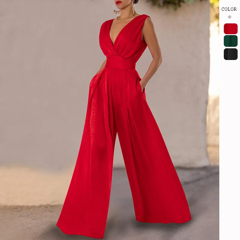 2025 New Jumpsuit Women Summer Sleeveless Sexy Deep V-neck Solid Color High Waist Wide Leg Jumpsuits Elegant Commuting Jumpsuits