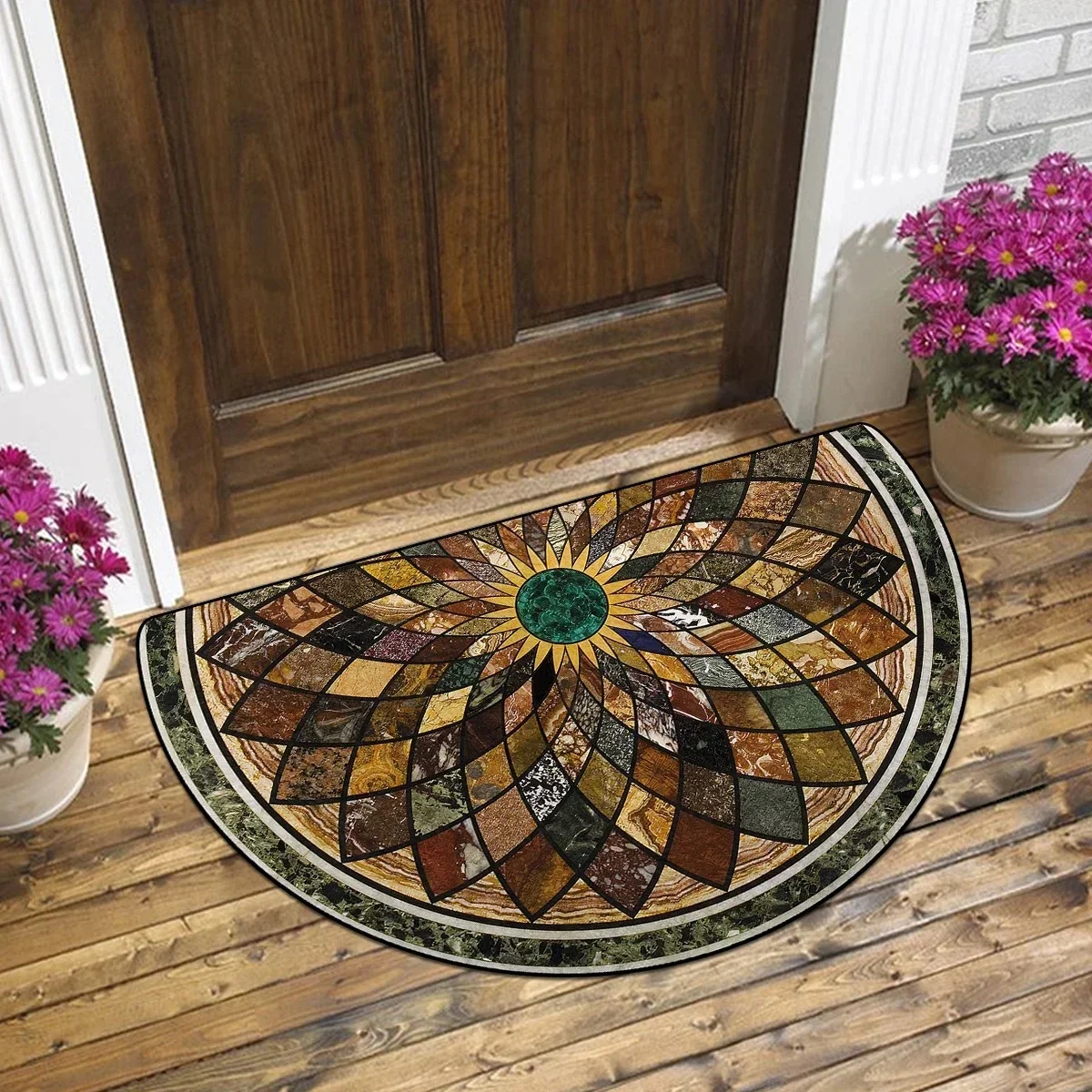 Mosaic Tile Floral Pattern Half Moon Mat Non Slip Floor Rug for Home Decor Living Room Bedroom Entrance Gift for Art Deco Lover