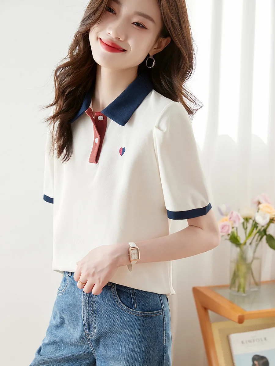 Slimming Effect Summer Casual Color Blo  Ne ort Sve Top Women's T-irt Straight Cut Cotton Polyester Blend