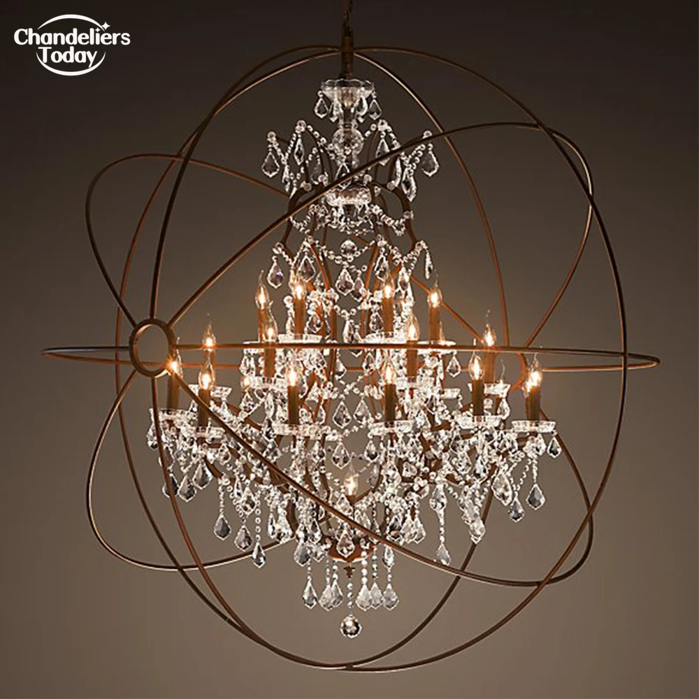 Foucault\'s Orb Crystal Chandelier Traditional Globe Rustic Pendant Chandelier LED Vintage Clear Cristal Light Fixture for Foyer