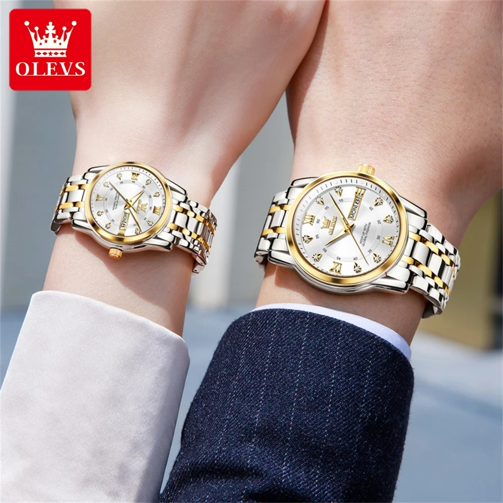 OLEVS Gold Watch for Men Women Sets Stainless Steel Luxury Lover\'s Watch Business Quartz Couple\'s Watches Red Love Gift Box