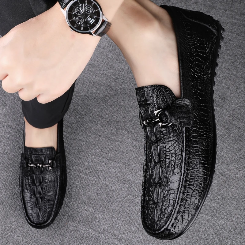 Italian Handmade Shoes Genuine Leather Black Formal Shoes Casual Loafers Men\'s Crocodile Pattern Fashion Check Moccasins Shoes