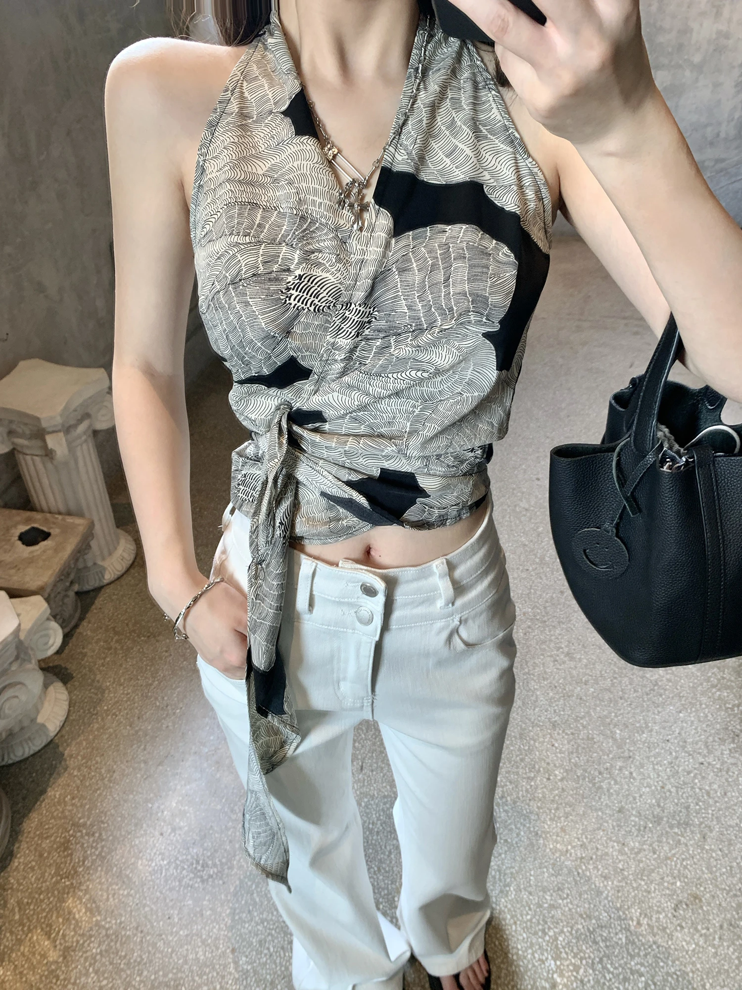 

Женский жилет с ретро-акварельным принтом, V-образным вырезом и поясом, повседневная летняя верхняя одежда из тонкой ткани