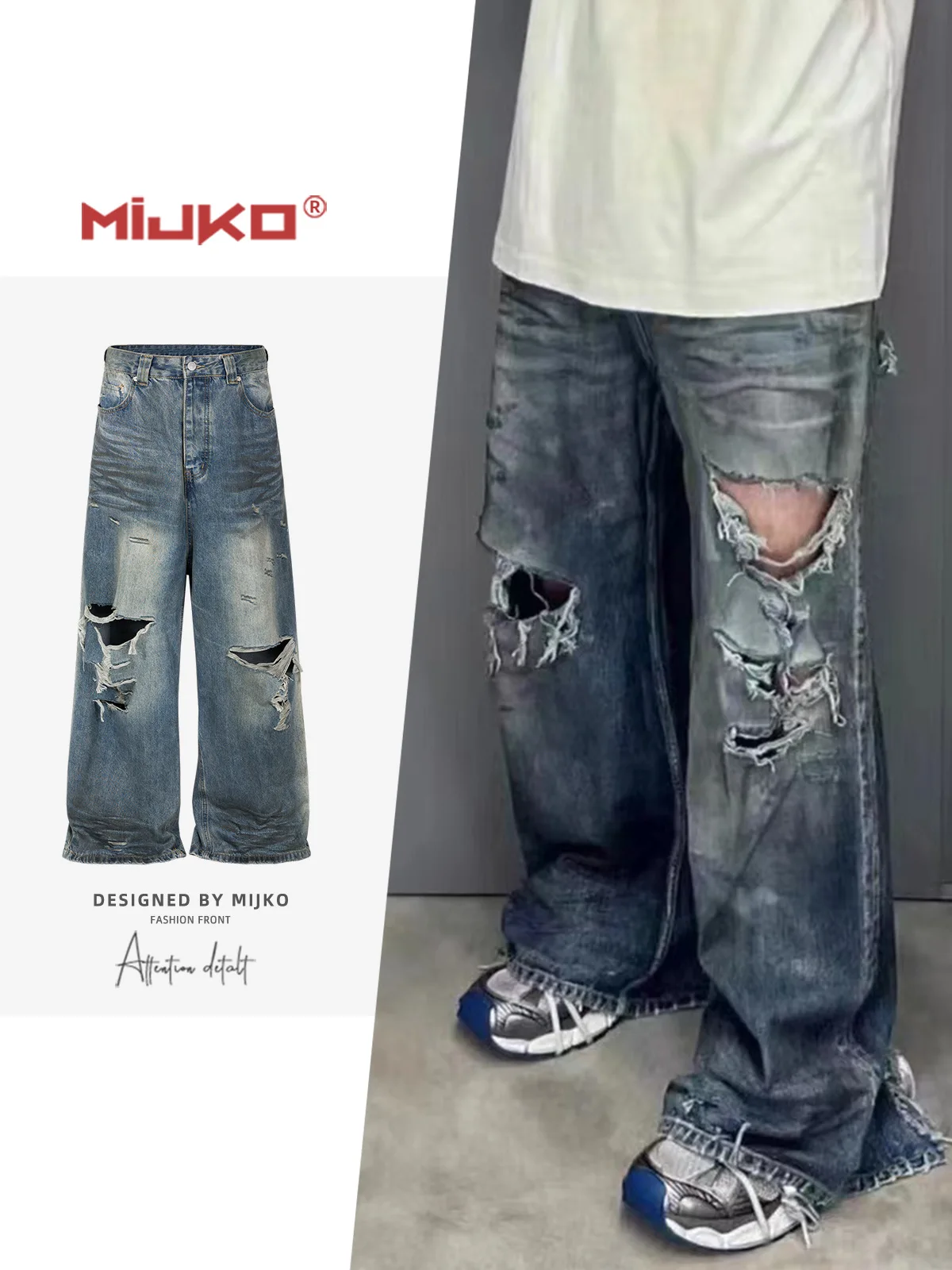 MIJKO High Street للجنسين بنطال جينز ممزق عتيق مغسول وواسع الساق للرجال والنساء #3