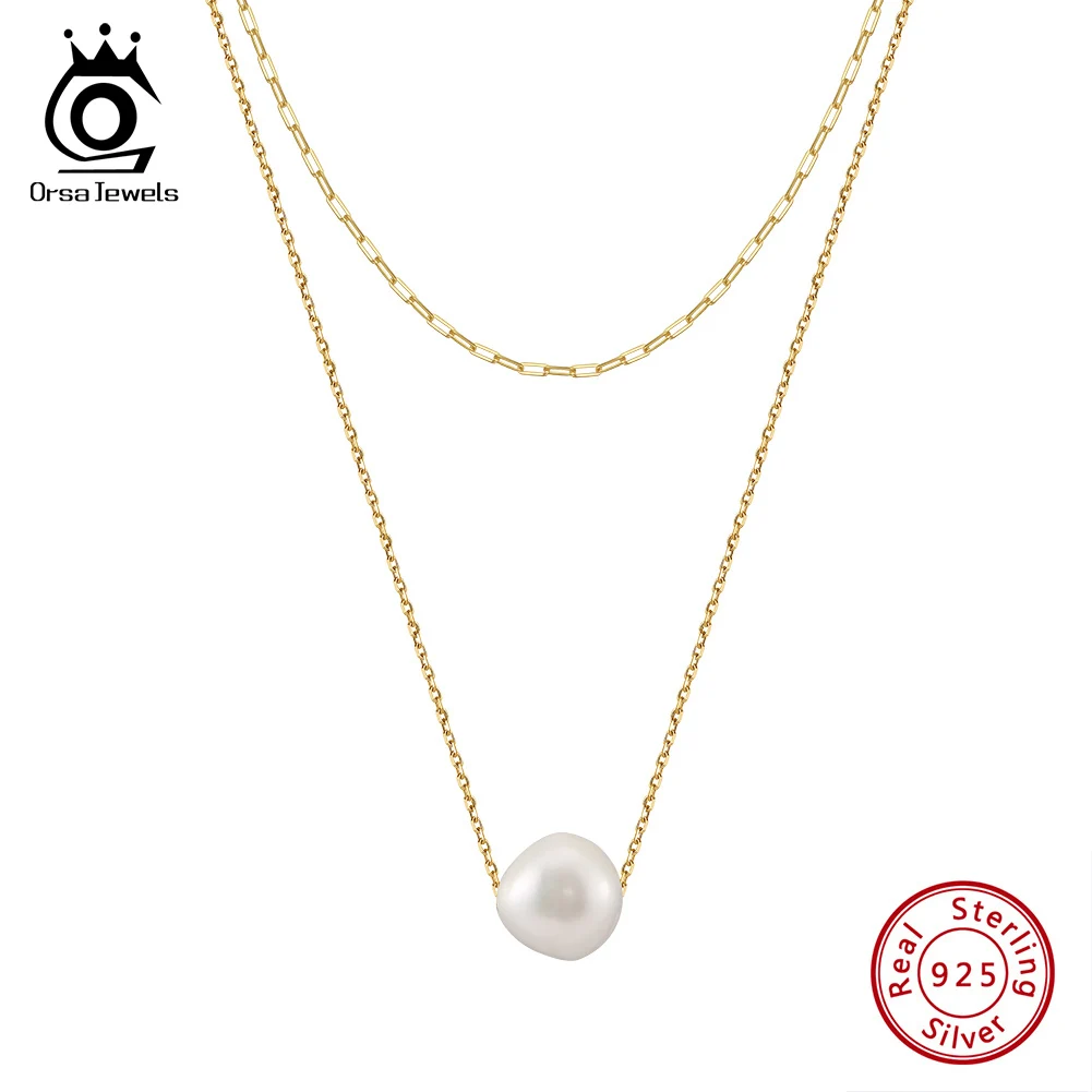 

ORSA JEWELS 925 Sterling Silver White Pearl Pendant Necklace Double Layered Paperclip Chain Collares With Freshwater Pearl GPN72