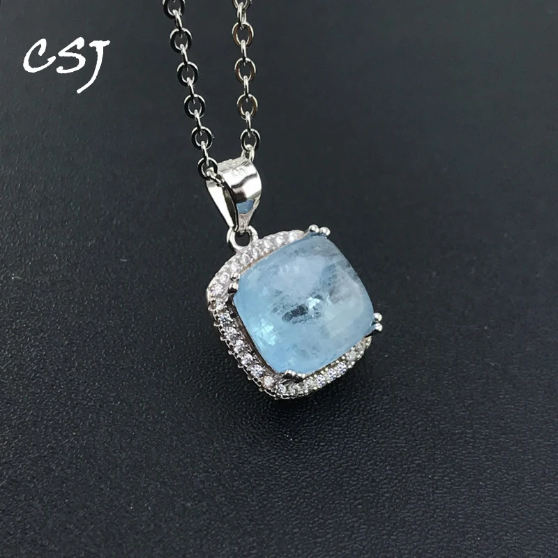 

CSJ Natural Aquamarine Pendant Sterling 925 Silver Malachite Blue-veins stone Cushion 10mm for Women Birthday Party Jewelry Gift