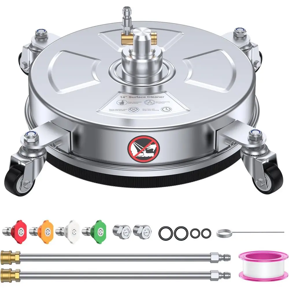 

14" Prure Washer Surace Cleaner 4500 PSI with 304 Industrial-grade StainlSteel Housing,1/4” Quick Plug, 4 Unil Wheels, 2 x 15" E