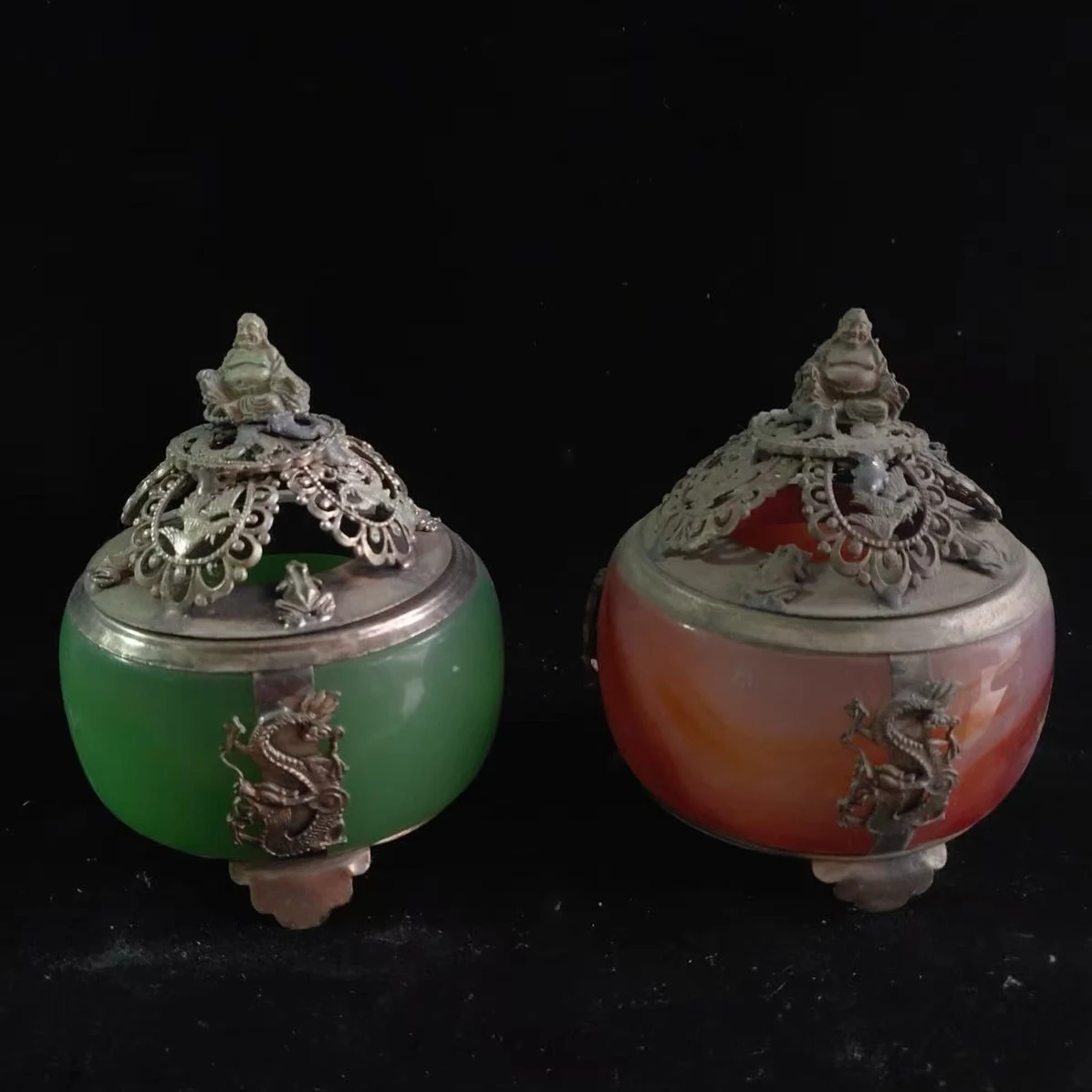 Chinese Sliver Copper Inlaid Jade Dragon Buddha Incense Burner
