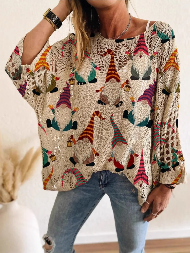 

Осенний женский повседневный топ, новый вязаный свитер со снеговиком и рождественским принтом, модный свободный вязаный свитер с вырезами