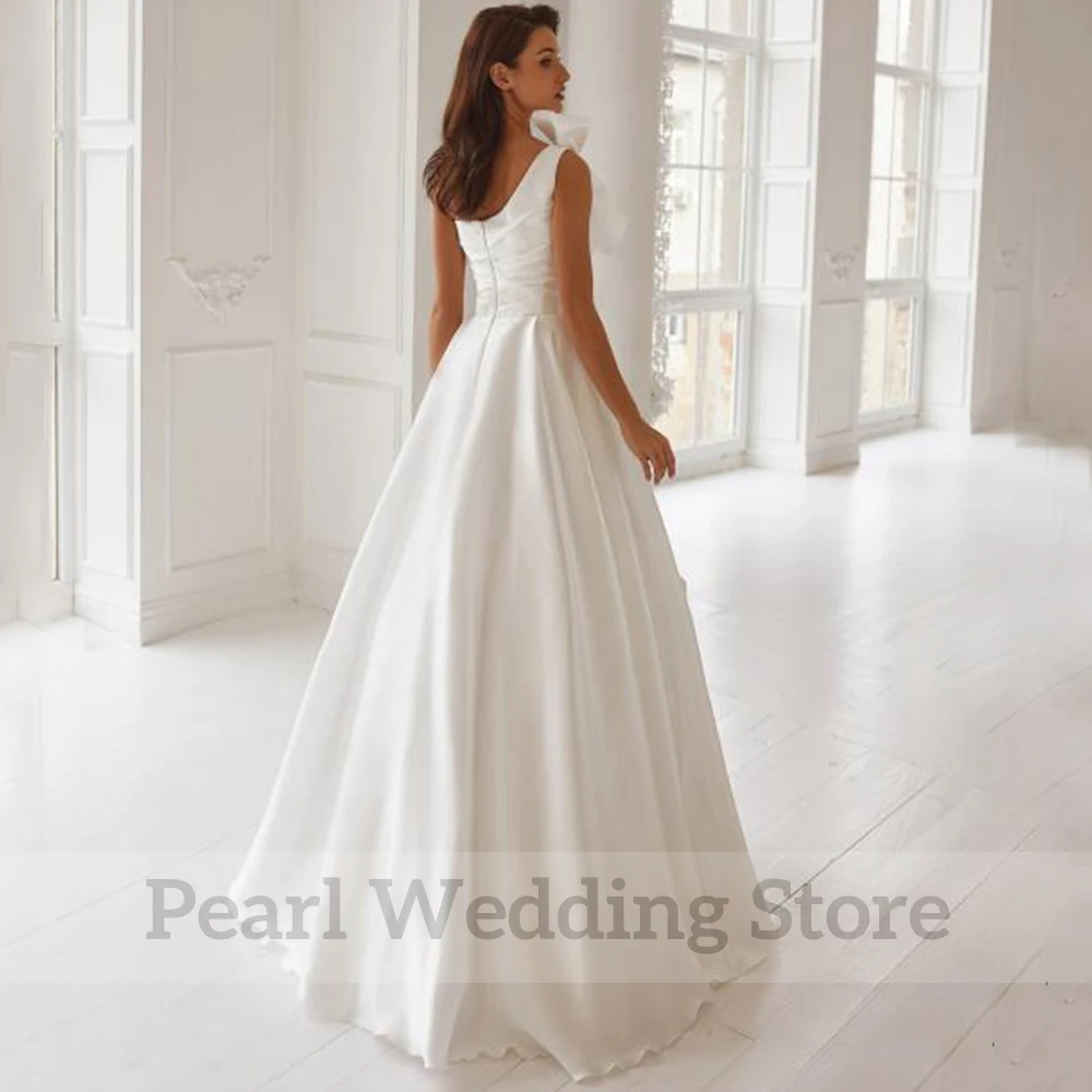 Simple One Shoulder Sleeveless Wedding Dress Classic Pleat with Bow Bridal A-Line Floor Length Zipper Custom Made Gowns Robe