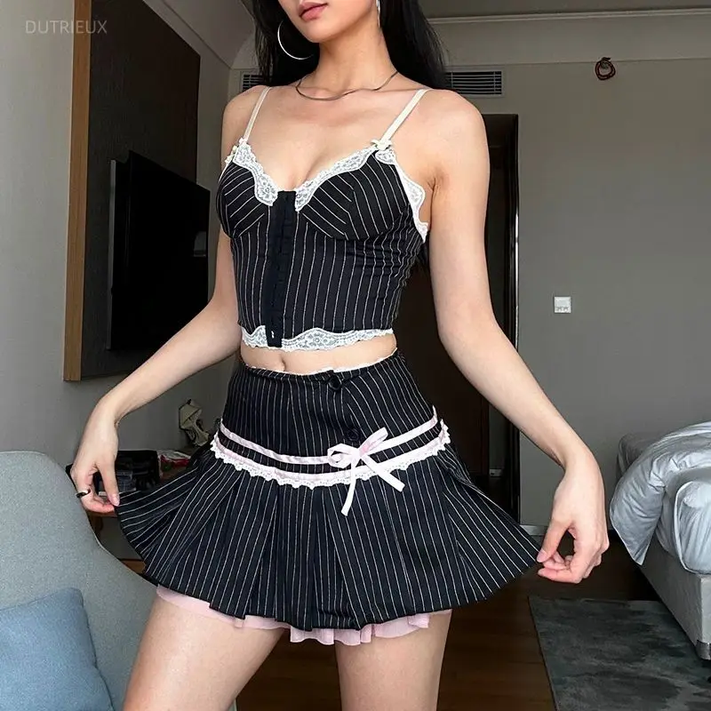 Vintage Hotsweet Y2k Street Style Suit Simple Exy Stripes Printed Camisole Design Skirt Two Piece Suit Women