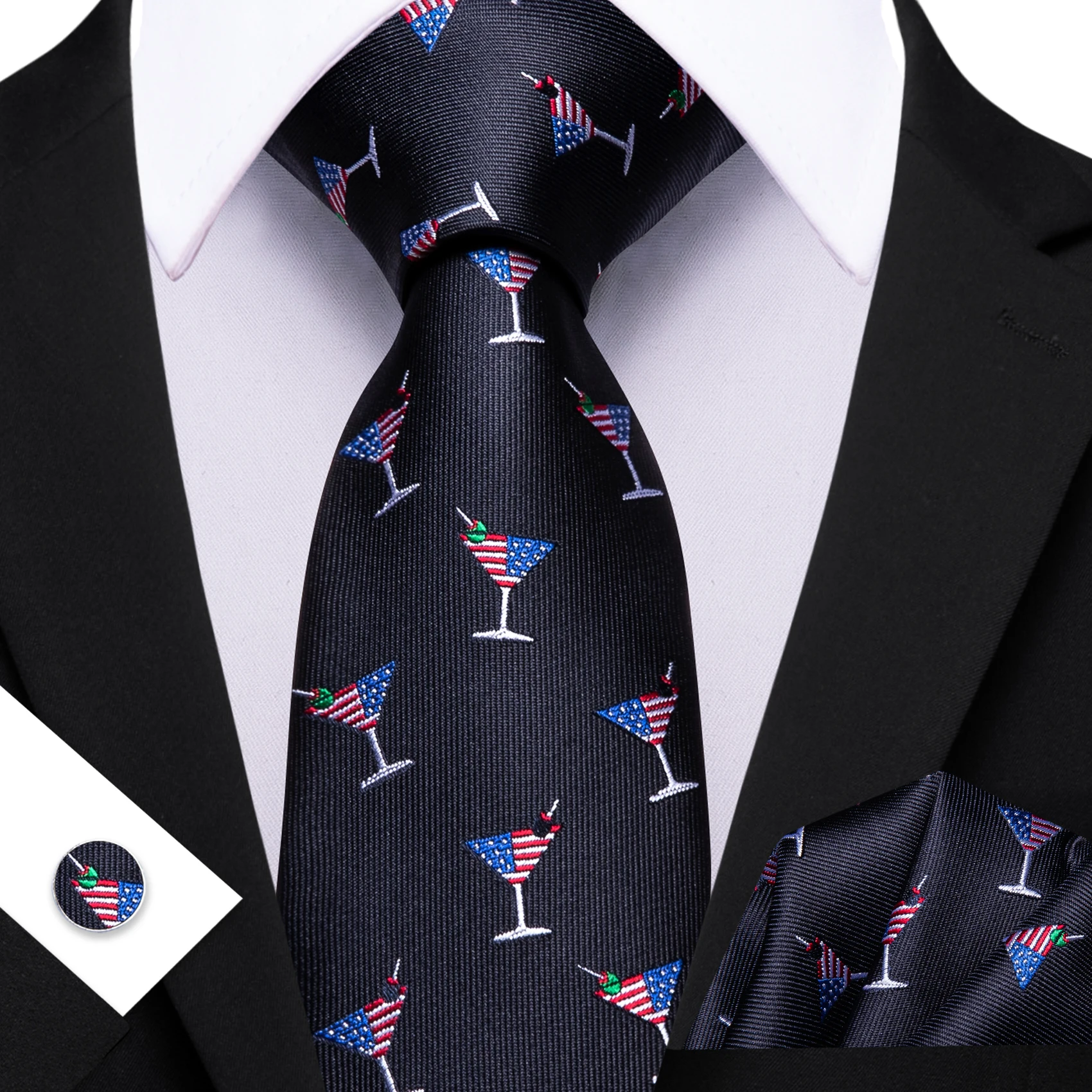 Fun Pattern Mens Tie Set 3PCS, Paisley Solid Striped Necktie Cufflinks Hanky For Events