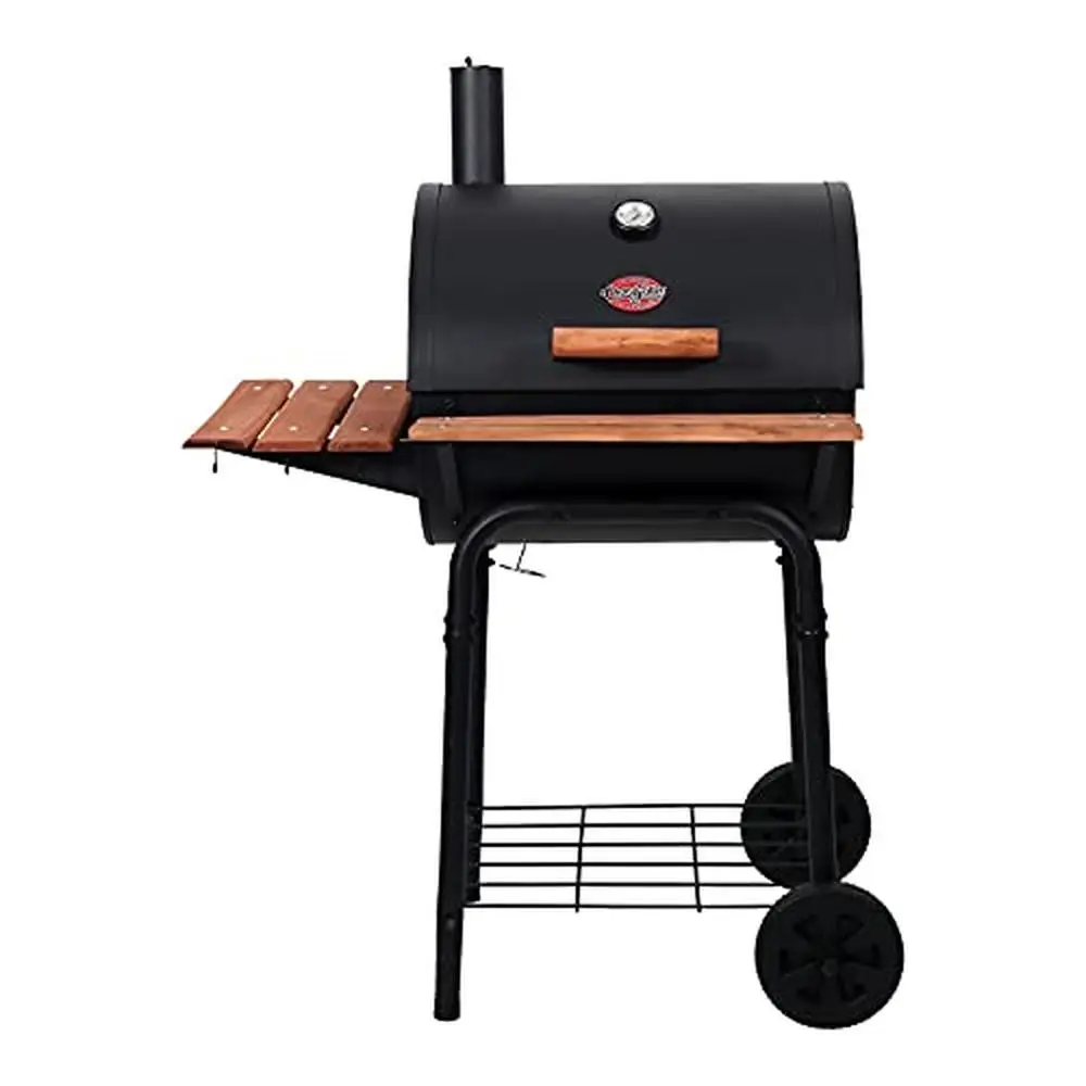 Wrangler® Charcoal BBQ Grill Premium Barrel Style Smoker with Large Cooking Area Heavy-Duty Construction and Multiple Storage