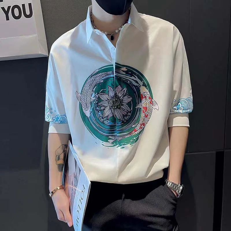 Summer Chinese Wind Shirt Men's Short-sleeved Ins Tide Card Five-point Sleeves Casual Shirt 2022 New Half Sleeve Shirt Tide