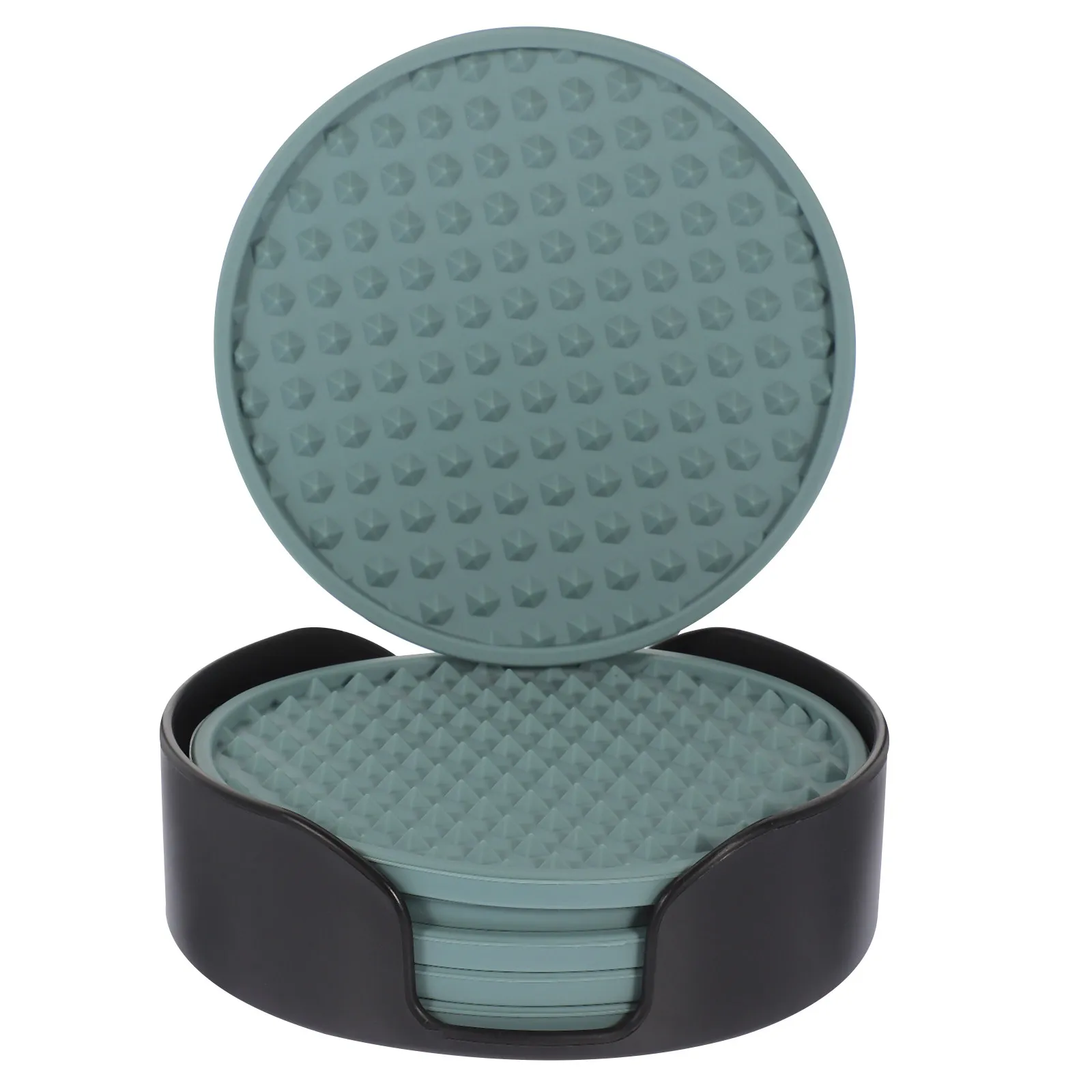 1Set Silicone Drink Coasters Pyramid Design Thick Round Cup Pads Heat Resistant Nonslip Tumbler Mats with Storage Rack