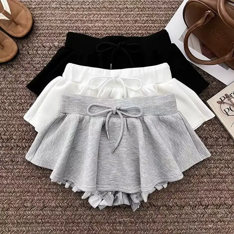 

Harajuku Gray Drawstring Mini Skort Women Sweet Sexy A Line Puff Shorts Y2K Preppy Style Ruffle Sporty Black