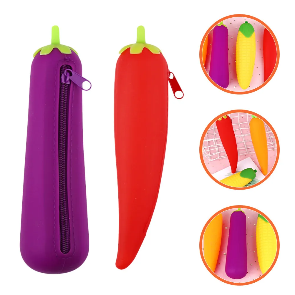 2Pcs Fruit Themed Pencil Case Silicone Cartoon Vegetable Pen Bag Washable Wear Resistant Stationery Organizer School Supplies