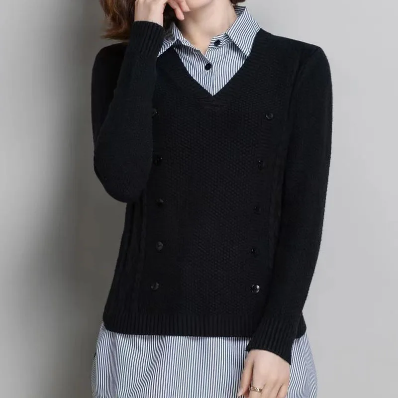 Autumn Winter Fashion Elegant Fake Two Pieces Knitted Tops Womens Clothing Korean Polo-Neck Button Patchwork Sweaters for Female