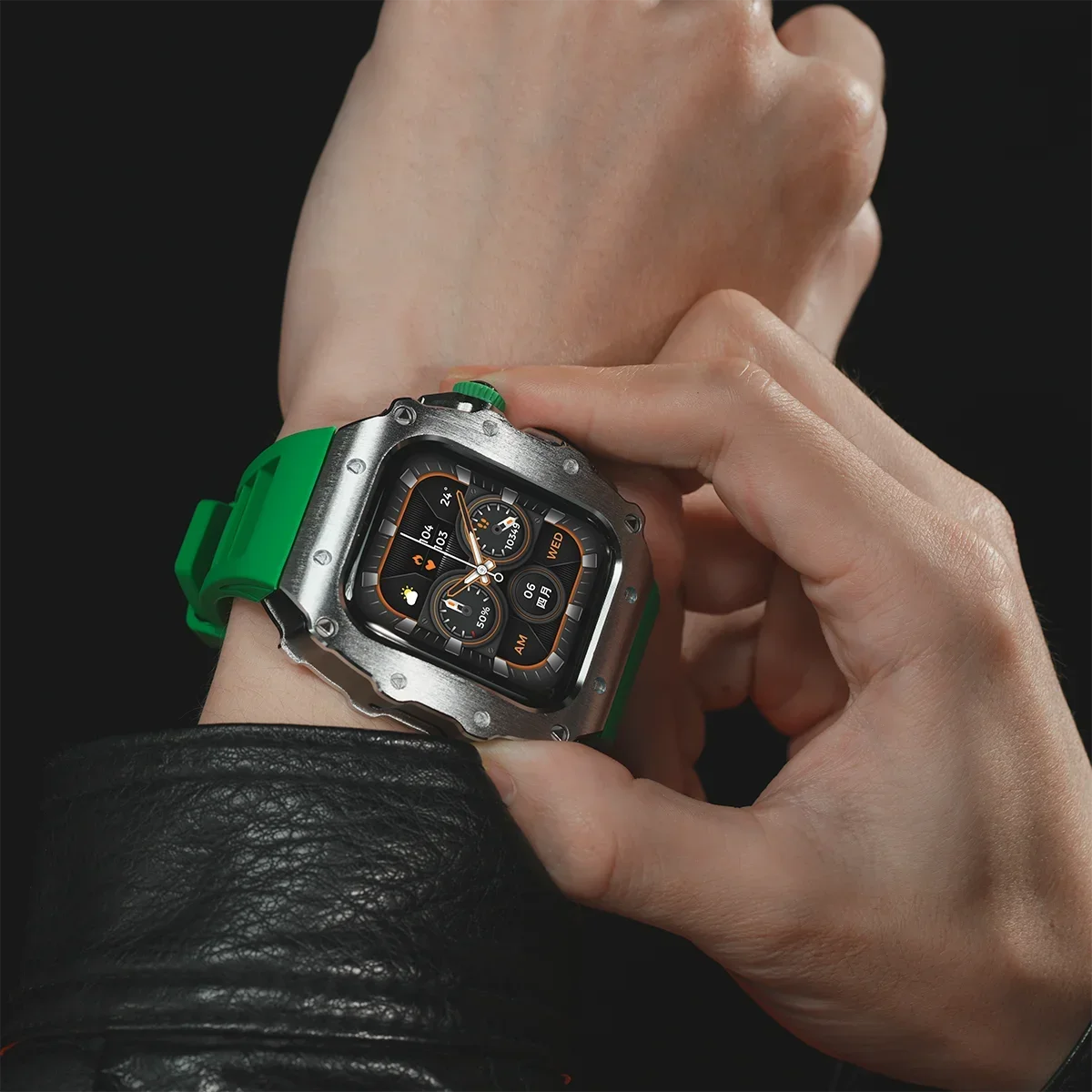 Luksusowy zestaw modyfikacyjny do Apple Watch S11 10 46/44/45mm, obudowa ze stali nierdzewnej do IWatch Series 9 8 7 6 SE3, silikonowa klamra z zapięciem na szpilkę. — zdjęcie produktu 5