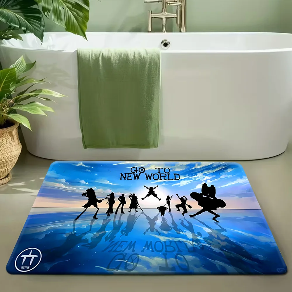 Alfombra de Baño Antideslizante y Absorbente con Silueta de One Piece, Piratas del Sombrero de Paja, Escena de la Aventura en el Nuevo Mundo, Personajes de la Tripulación Pirata