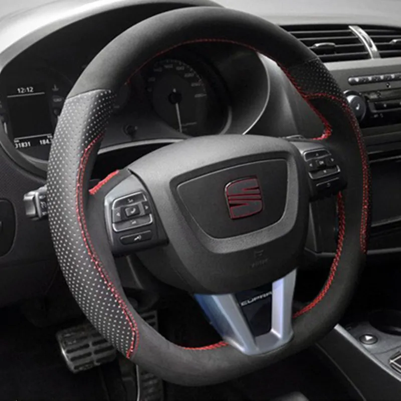 Hand-stitched Soft Suede Carbon Black Perforated Leather Car Steering Wheel Cover for SEAT LEON 2009 2010 2012 2013