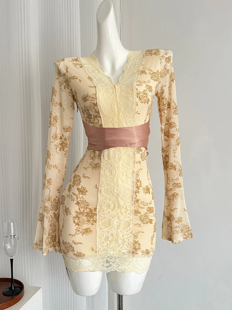 Women\'s Patchwork Bodycon Evening Dress Vintage Long Sleeve V-Neck Luxury  Mini Lace Dresses Y2k One Piece Frocks 2000s Clothes