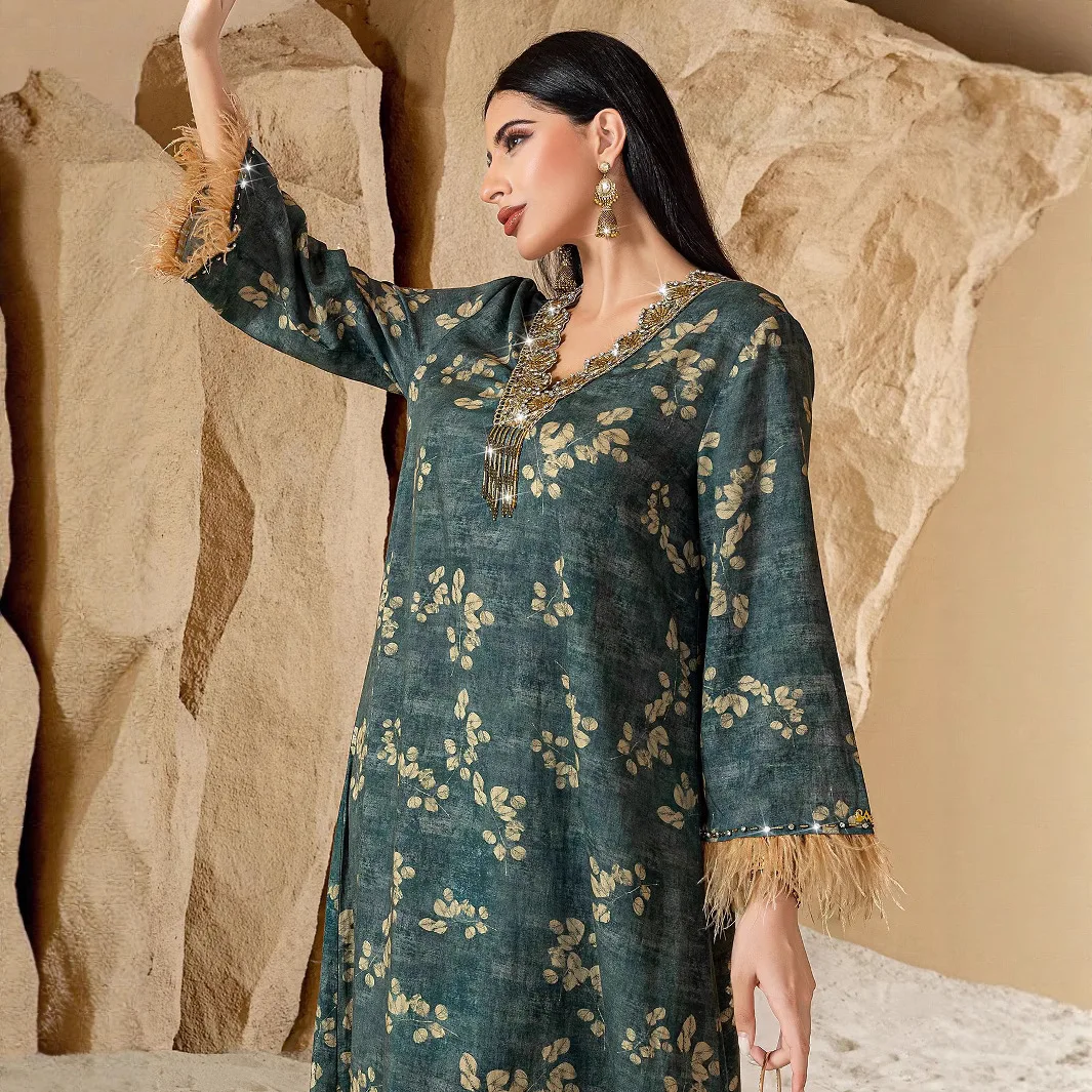 

Ba5074 Printed V-neck Long Dress with Feather Cuffs and Rhinestone Collar, Lazy Vacation Style Robe Dubai Luxury Islam Elegant