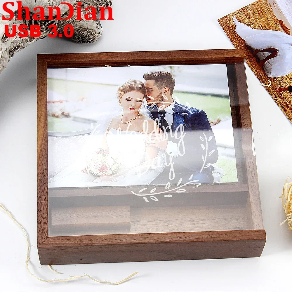 SHANDIAN High Speed USB 3.0 Flash Drive 128GB Transparent Cover Photo Album Wooden Box Free Custom Logo Wedding Anniversary Gift