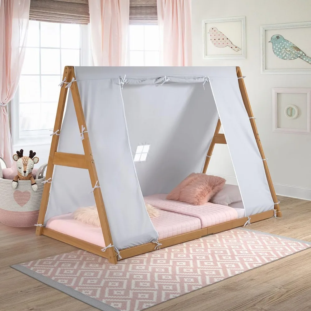 New P'kolino Tent Twin Floor Bed - Natural or White Frame, Grey, Children’s Bedroom Furniture (Natural Frame)