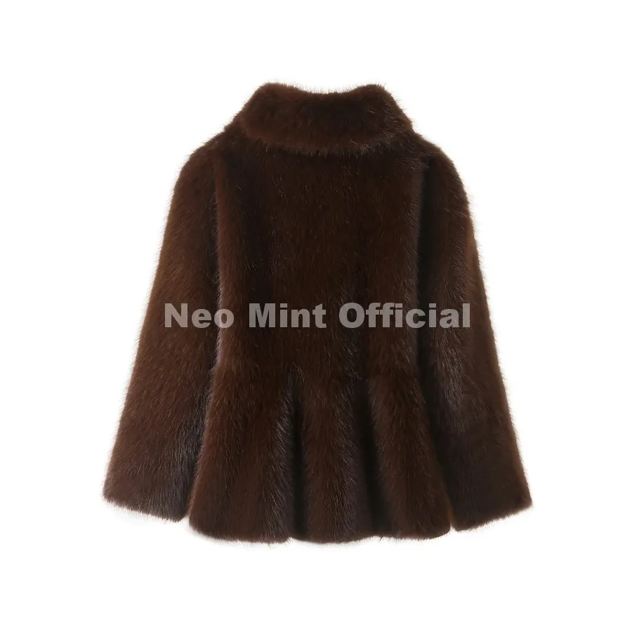 Neo Mint Trendy 2026 Winter Hot Chocolate Brown Peplum Fur Jacket Women Vintage Fashion Fluffy Faux Fox Fur Coat Long Outerwear