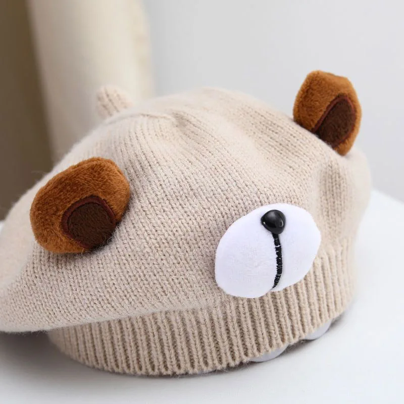 Cute Bear Baby Knit Beret Hat Autumn Winter Thick Crochet Warm Beanie Beret Princess Baby Girls Artist Painter Cap