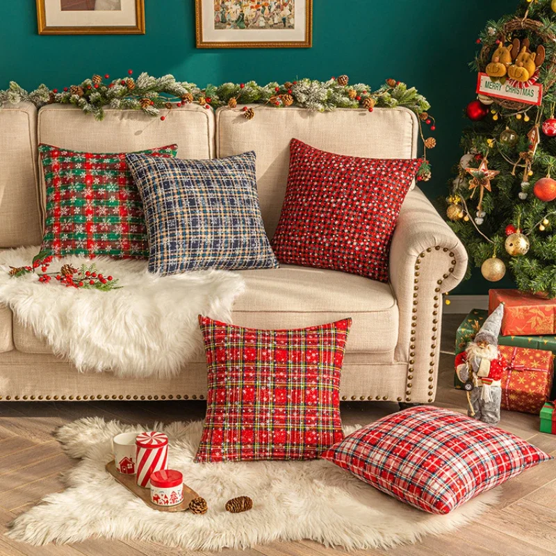 

Christmas Cushion Cover Red Green Plaid Snowflake Pillow Cover Pillowcase Pattern Design Xmas Plush Cushion Covers
