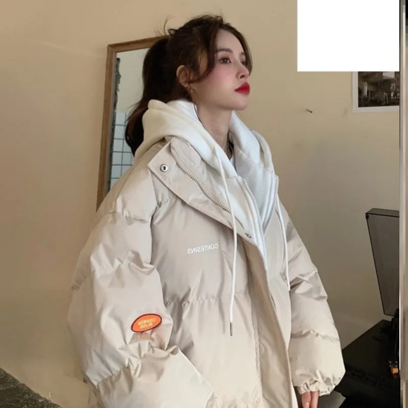 Parkas falsas de dos piezas con capucha para mujer, abrigos holgados de algodón de invierno a la moda, abrigos gruesos de estilo coreano con cremallera dulce, apliques para estudiantes Ins