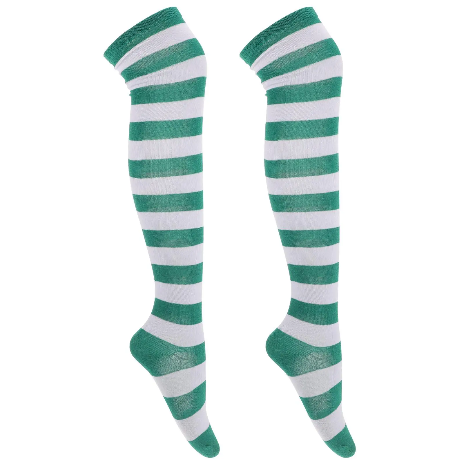 Green White Wide Striped Thigh High Stocking Women Over The Knee Socks Durable Polyester Hosiery Legwear For Party Festival