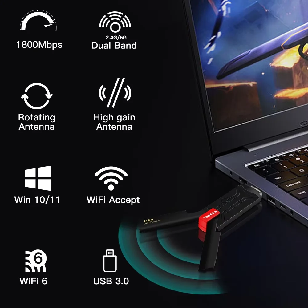 Fenvi WiFi 6 AX1800 USB 3.0 Dual Band 2.4GHz 5GHz MU-MIMO Super High Speed Wireless Network Adapter for PC Laptop Win10/11