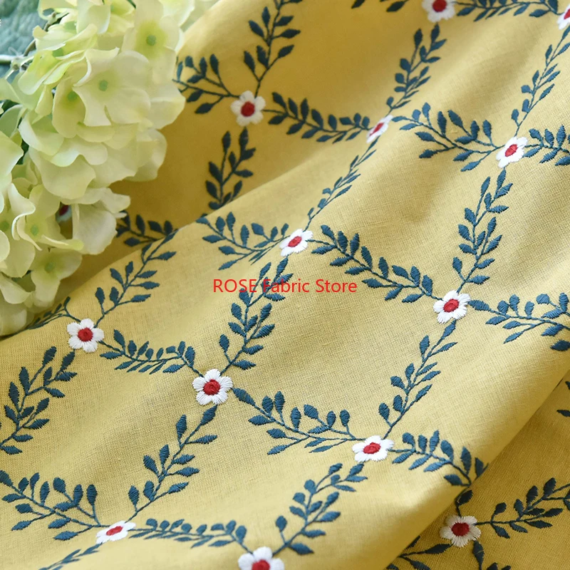

3D Flower Embroidered Cotton Linen Fabric For skirts, dress, tops, table cover, costumes design, hair accessories sewing