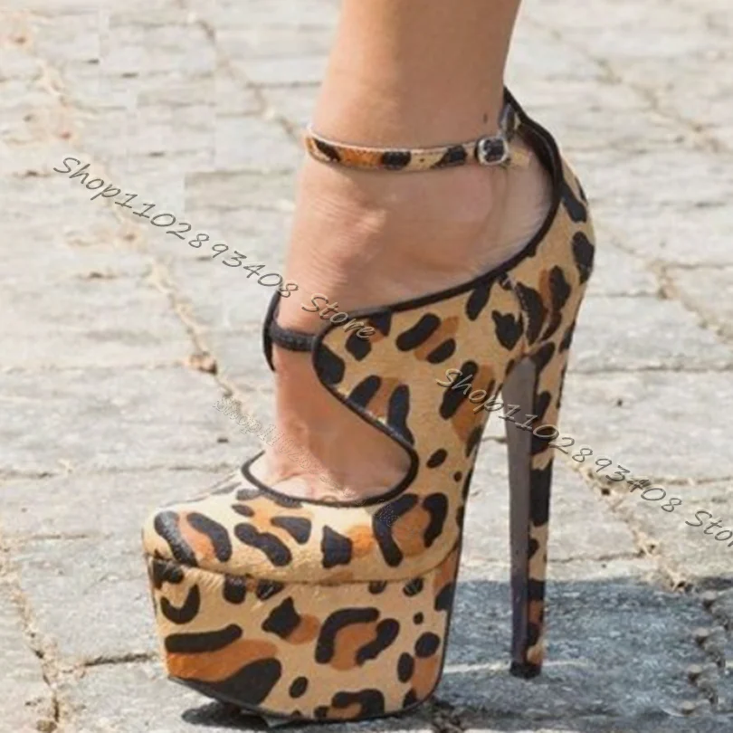 Leopard Print Flock Platform Pumps Stiletto High Heels Round Toe Shoes Ankle Buckle Party Women Pumps Zapatos Para Mujere