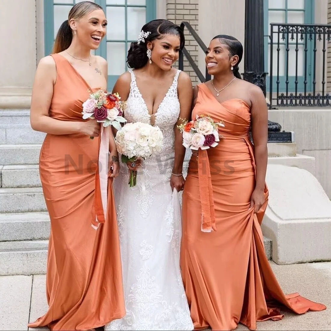 Elegant One Shoulder Bridesmaid Dresses Mermaid Satin Long Trumpet Formal Evening Gowns Customize