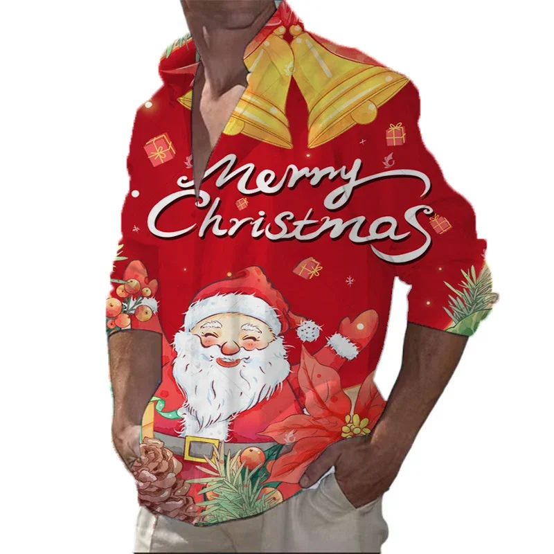 2025 new men's long-sleeved shirt Christmas celebration joyful atmosphere men's lapel tops large size loose men's shirt