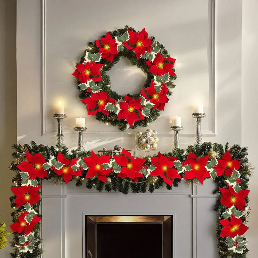 Low Voltage Led String Christmas Poinsettia String Lights Garland Green Floral Fairy Lights Battery Usb Operated Indoor for Tree